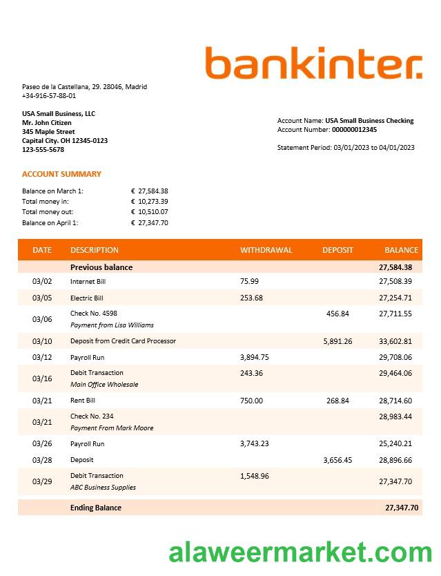 Bankinter enterprise statement Word and PDF template